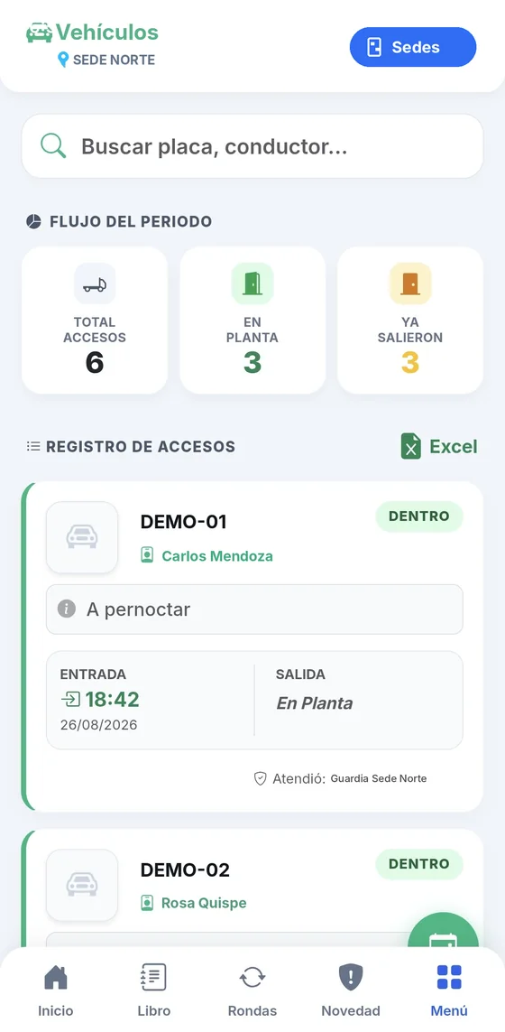 Control vehicular con placa, conductor, hora de entrada y estado