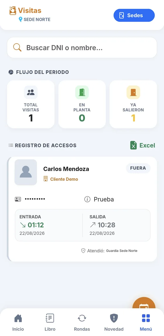 Registro de visitas con entrada, salida y exportación a Excel