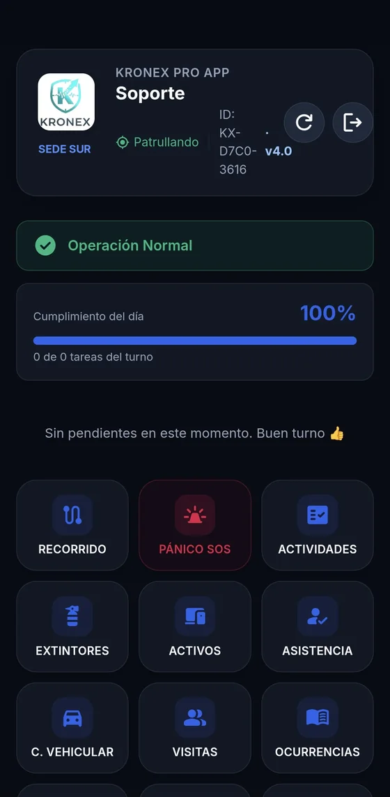 App del guardia Kronex Pro con el botón de Pánico SOS
